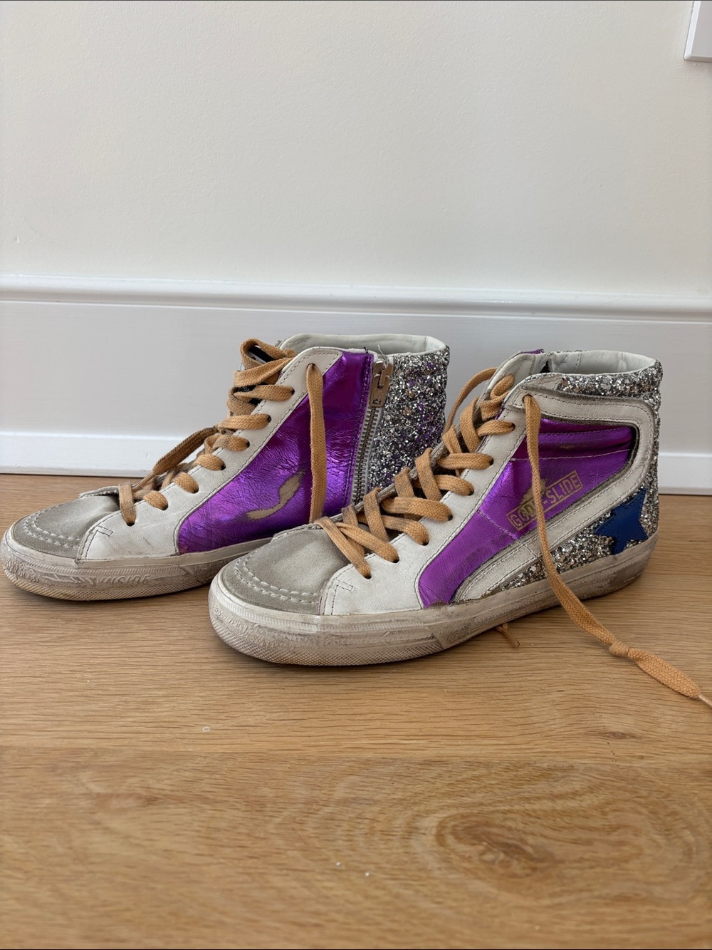 Golden Goose Women’s Purple Metallic, Silver & Tan High-Top Sneakers